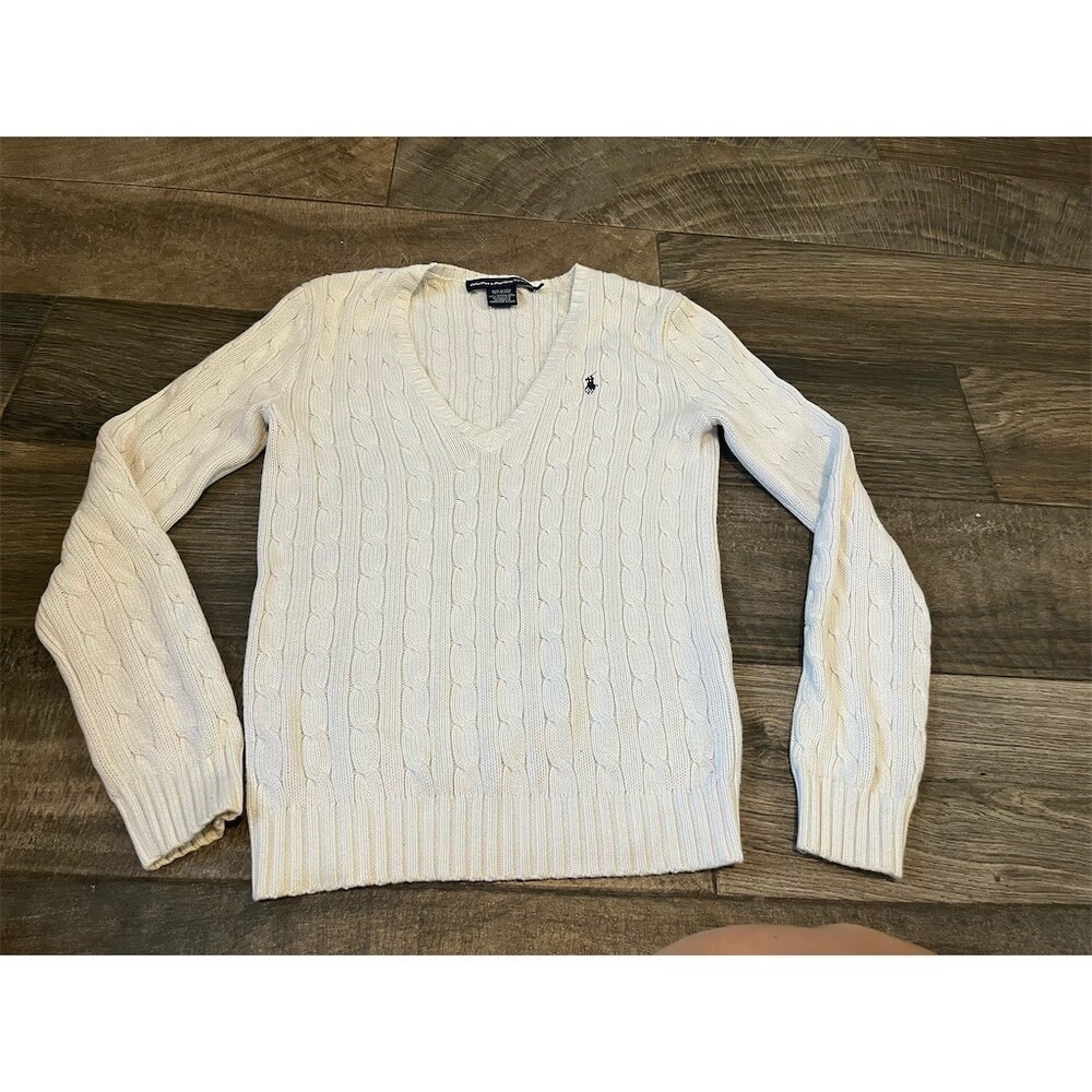 Polo Ralph Lauren Sweater Womens M Ivory Cable Knit V-Neck Pony Logo